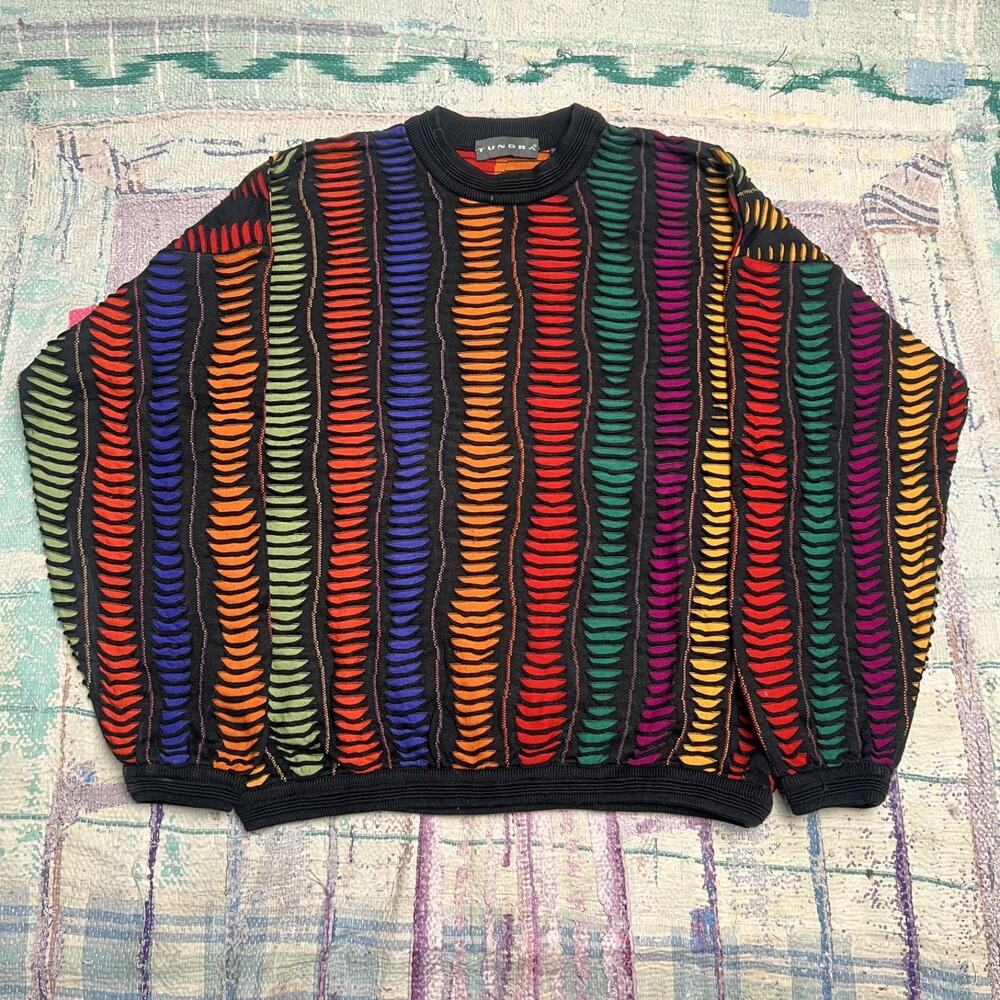 Tundra Canada 3-D Knit Vintage 90s Sweater Mens medium Colorful Coogi Style